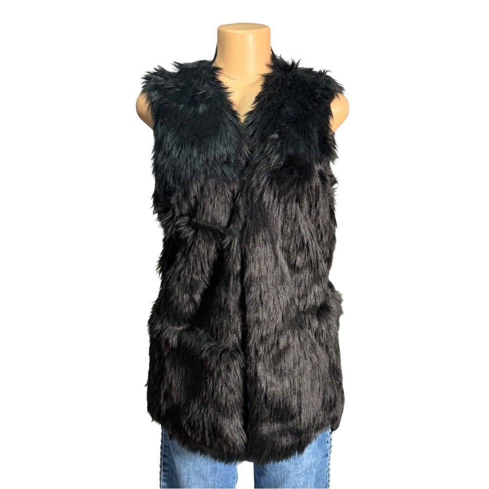 Gianni Bini Faux Fur Vest Womens Medium Black Excellent Shaggy Open Front Layer